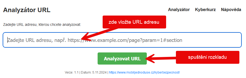 Ukázka zadání URL k analýze